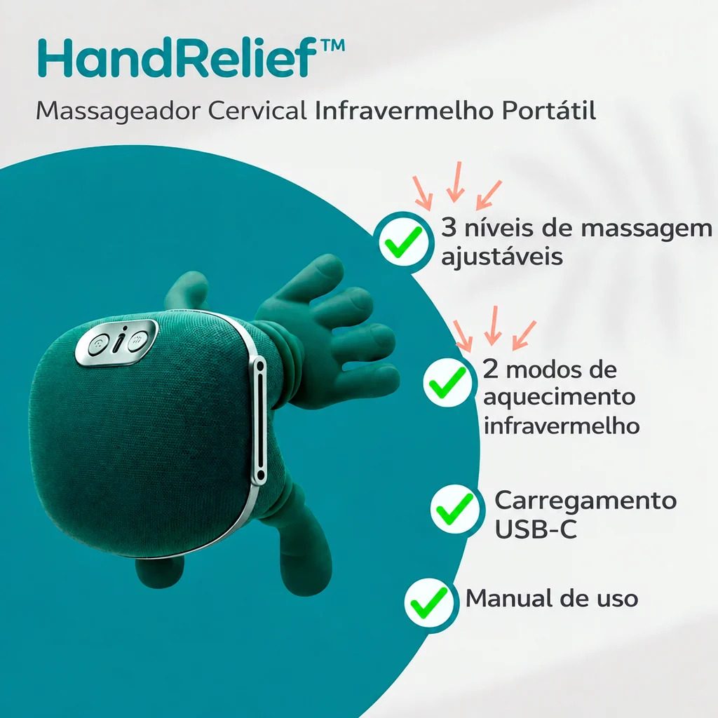 Massageador cervical HandRelief™: 3 níveis de massagem, 2 modos de aquecimento infravermelho e carregamento USB-C